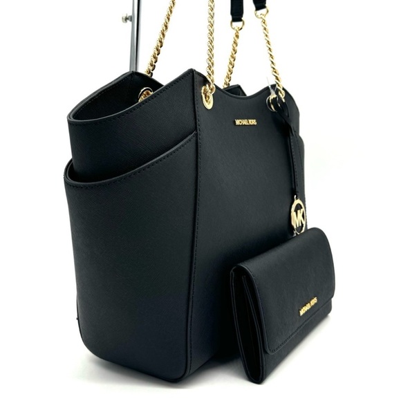 Michael Kors JST Large Chain Shoulder Tote Bag & Trifold Wallet Black/Gold - Picture 3 of 12
